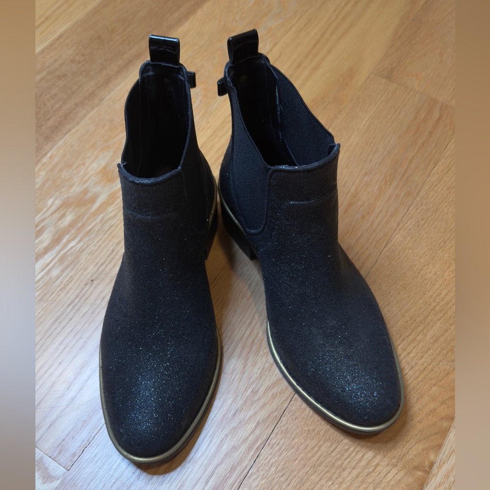 Kate Spade Black Glitter Rain Ankle Chelsea Boots